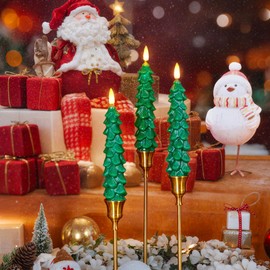 Daord Christmas Tree Taper Candles with Remote & Timer, Green LED Candlesticks Wax Battery Operated Green Tree LED Candle for Christmas Home Holiday Decoration (3pcs,7inch)