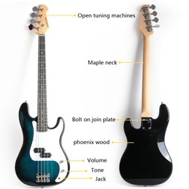 Demusea DPB-30 Full Size 4 Strings Electric Bass Guitar Beginner Starter Practic with gig bag and strap (Blueburst)