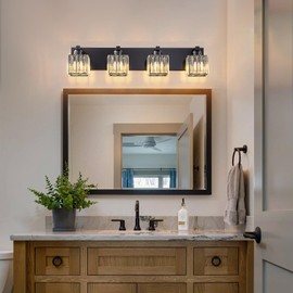 HUOKU Modern Crystal Bathroom Vanity Light Black 4-Lights Bathroom Lighting Fixtures Over Mirror, Wall Light Bathroom Light Fixtures