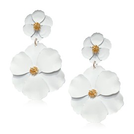 KVANU Elegant Chic Large Metal White Flower Dangle Earrings Bohemian Layered Floral Petal Drop Earrings Statement Hypoallergenic Red Flower Stud Earring for Women Wedding Jewelry Gifts (White)