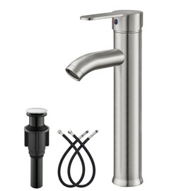 gotonovo Vessel Sink Faucet Modern Bathroom Faucet 1 Hole Deck Mount Lavatory Vanity Single Handle Mixer Tap with Water Supply Hoses and ABS Pop Up Drain Without Overflow, Brushed Nickel