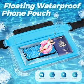 JOTO Large Floating Waterproof Phone Pouch with Adjustable Waist Strap, Water Proof Fanny Pack Dry Bag Wallet for Cellphone Passport Watch and Valuables, Beach Essential for Swimming Snorkeling -Blue