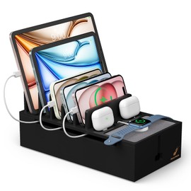 Pezin & Hulin Natural Bamboo Cable Management Box, Wire Organizers for Cords, Charge Station Box, Desktop Dock Organizer Rack for Electronic Device (No Power Adapter) - Black