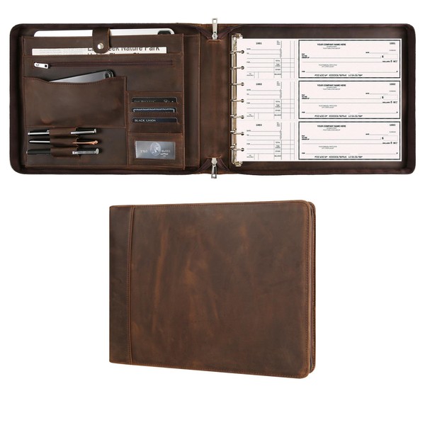 Leather Business Checkbook Binder - 7 Ring Zippered Binder with