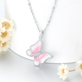 MBSUUH Sterling Silver Pink Butterfly Pendant Necklace for Women Teen Girls Butterfly Jewelry Gifts