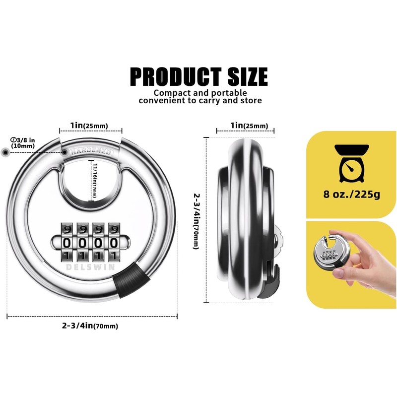 DELSWIN 4 Digit Combination Disc Padlock with Hardened Steel Shackle
