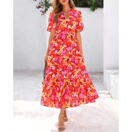 dowerme Womens Summer Dresses 2025 Casual Puff Short Sleeve V Neck Floral Boho Tiered Ruffle Maxi Dress with Pockets(Red Yellow Pink,Large)