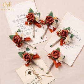 Meldel Rose Boutonniere for Men Wedding, Set of 6, Guest Groom Groomsmen Boutonnieres Prom Corsage for Weddings Homecoming Ceremony Anniversary Party Suit Decoration Flower, Burnt Orange/Terracotta