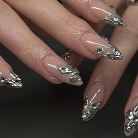 SINHOT Almond Press on Nails Medium Fake Nails Glossy Glue on Nails 3D Silver Chrome Acrylic Nails Stiletto Artificial Nails Stick on False Nails with Design 24 pcs