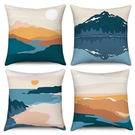 Hnmdmyi Boho Cushion Cover, 45 x 45 cm, Set of 4, Abstract Mountain Sunset Sunrise Decorative Cushion Covers, Mid Century Modern Nature Landscape Art Linen Cushion Cover for Sofa Couch Bed Home Decor
