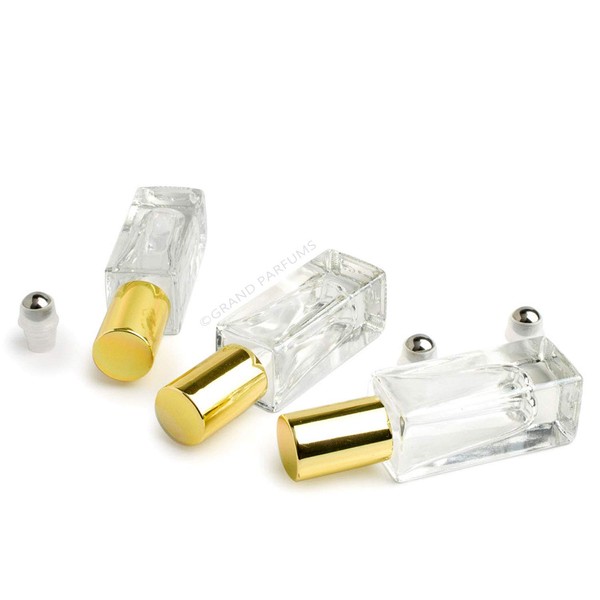 Grand Parfums 5ml LUXURY Square Glass Roller Bottles, With Gold Caps, Beautiful Styling, Heavyweight Glass, and Stainless Steel Rollers, 6 Count