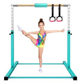 Tepemccu Gymnastics Bar, 3.1' to 5.1' Height Adjustable Horizontal Bar, Gymnastics Kip Training Bar for Kids Ages 3-15 (Teal)