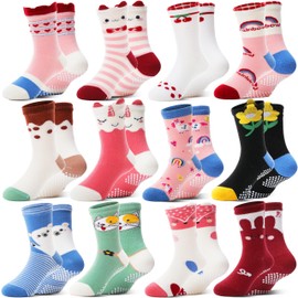 Welwoos Baby Girls Toddlers Grips Socks Kids Non Slip/Anti Skid Funny Crazy Cartoon Animal Cotton Crew Grippers Socks 12 Pairs Gifts Stocking Stuffers for Girls(Cute Animal,5-8 Y)