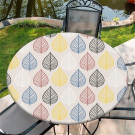 artslion Outdoor Round Tablecloth with Elastic Band 44In-110cm Elastic Garden Tablecloth with Colorful line leaves Pattern Fits 38"-42" Wide Tables