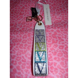 Victoria's Secret Signature Logo WRISTLET STRAP Key Chain BAG CHARM Rhinestone - White Rainbow Rhinestone