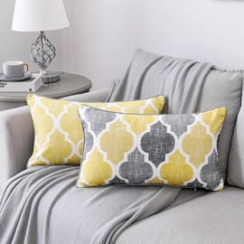Beauoop Decorative Chenille Throw Pillow Covers with Moroccan Quatrefoil Geometric Double-Sided Print Rectangle Soft Pillow Cases for Couch, Sofa, Living Room, Bedroom, 20"x12", Set of 2, Yellow Gray