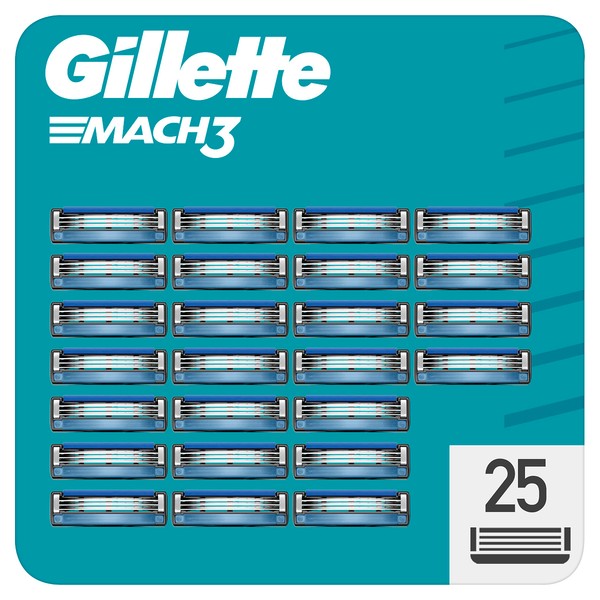 Gillette Mach3 Razor Blades, 25 Replacement Blades for Men's Wet Razor with 3-Way Blade
