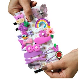 Frescorr 14-Pcs Girls' Hair Pins/Adorable Baby toddler Hair Clips Featuring Cute Fruit & Cartoon Rainbow Flower Animal Designs – Stylish Hair Accessories for Kids & Women (PURPLE)