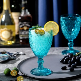 EVEREST GLOBAL Light blue Glass Goblet Set of 6 Wine Glasses, 10 oz with Diamond Pattern, Embossed High Clear Glassware for Party and Wedding