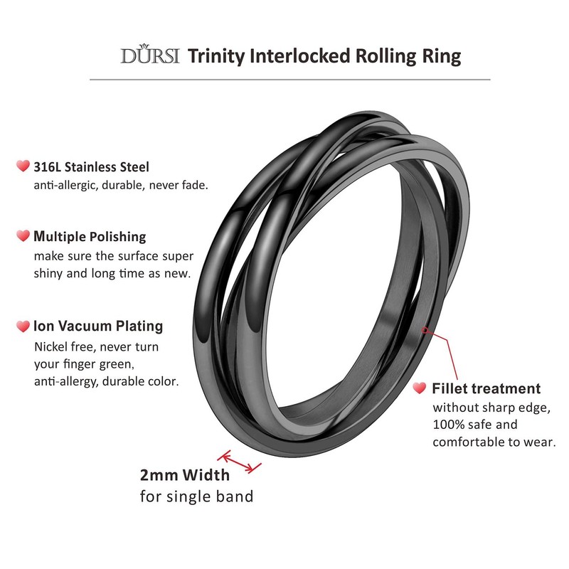 DURSI Trinity Interlocked Rolling Triple Ring for Women Girls Kids,