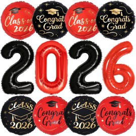PartyWoo Graduation Balloons Class of 2026 Black Red Gold 12pcs Balloons 40 Inch 2026 Foil Number Balloons 18 Inch Congrats Grad Mylar Balloons for Black Red Graduation Decorations Party Supplies
