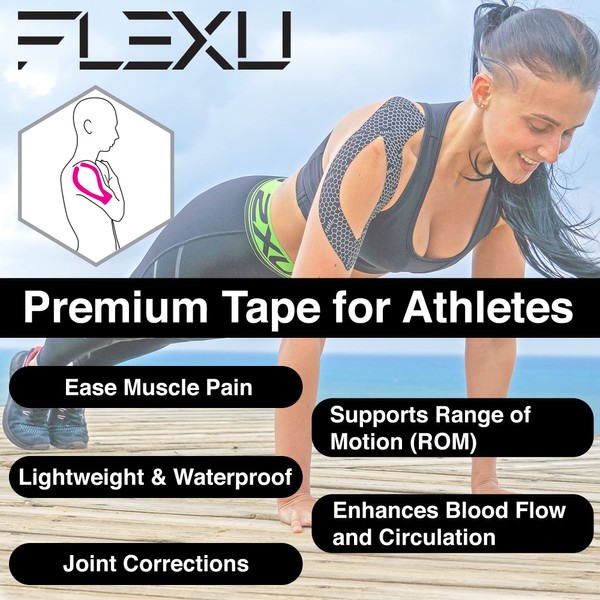 FlexU Kinesiology Tape; Single Roll Pre-Cut Strips, Ultra-Thin Hypoallergenic Latex-Free Athletic Tape for Injuries, Muscle Taping, and Sports Pain Relief (Blue, Uncut Roll, 16.4ft)