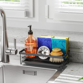 VILCEN Spülbecken Organizer Schwarz Küchen Sink Caddy Organizer, Schwammhalter mit Ablaufwanne, Waschbecken Organizer Küche, Spülorganizer Spüle Ablage für Küche Badezimmer