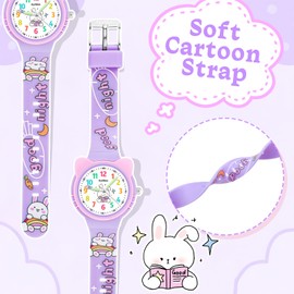 Ayybboo Cat Analog Watch for Girls Boys Toddler, Learning Time and Easy to Read, 30M Waterproof Children Quartz Wristwatches, Cute Telling Time Hand Watch with Cartoon Soft Strap Age 5-12 Purple