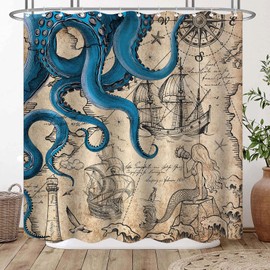 Fungarth 84 Inch Extra Long Vintage Nautical Octopus Shower Curtain Navy Blue Mermaid Funny Ocean Kraken Shower Curtains for Bathroom Cool Coastal Map Waterproof Fabric Bath Curtain (Retro, 72” x 84”)