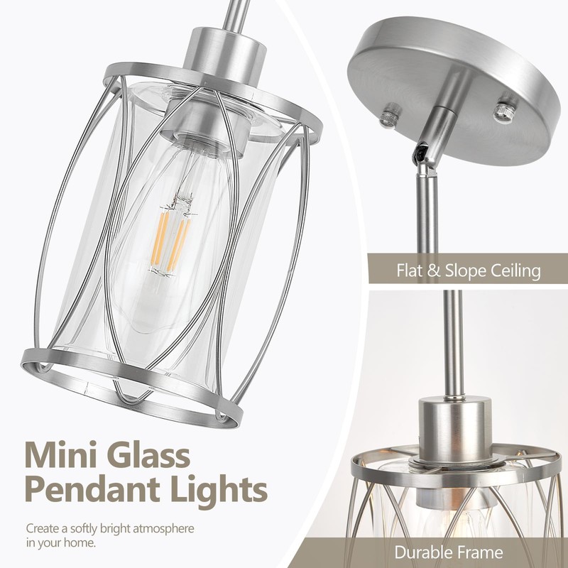 ElilyGiA Glass Pendant Lights Kitchen Island Brushed Nickel Pendant Light