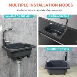 kitchen Single Bowl Utility Sink, Kitchen Wall-Mounted Sink 15.1 x 11.2 Inch With 1.26 inch faucet hole, Plastic rv sink for Home, Restaurant, Dorm, Garage, Bathroom,Laundry
