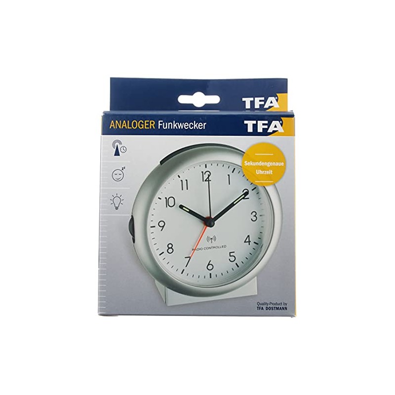 TFA Dostmann Analoger Funk-Wecker, 98.1036, mit Alarm, inklusive Funkuhr, Silber,