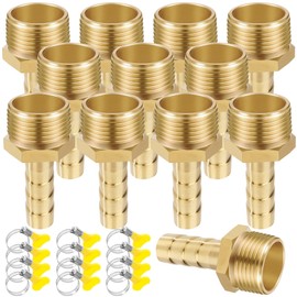 Brass Pipe Adapter, 12 Pieces 8 mm Barb x 1/2 Inch Male Thread Pipe Connector Brass with Thread, Hose Nozzle Screw Connection with Clamps for Water, Gas, Air
