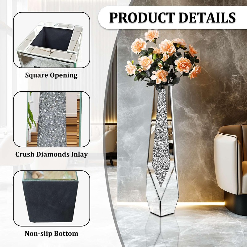 Artloge Mirror Floor Vase Crushed Diamond Silver Bling Centerpiece 33.6