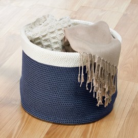 InterDesign Ellis, Hand Knit Round Bin for Towels, Blankets, Handbags, Clothing - Large, Navy/Ivory