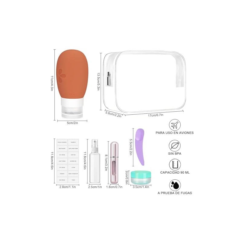 Juego de 14 Botellas De Viaje Silicona, Contenedor de Viaje