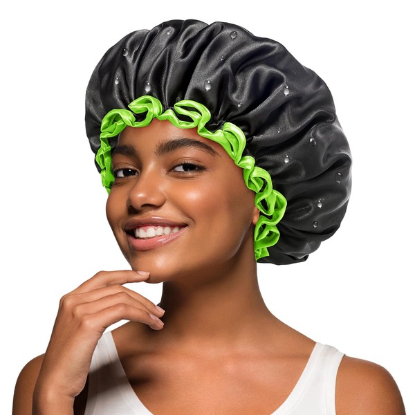 mikimini Black Shower Cap for Men and Women, Waterproof Bath Shower Hat with Soft Comfortable PEVA Lining, Non-fading, Stretchable and Shower Cap for Long Hair