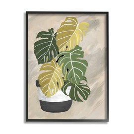 Stupell Industries Monstera Plant Stripe Planter Abstract Neutral Background, Design by Patricia Pinto Black Framed Wall Art, 16 x 20, Beige