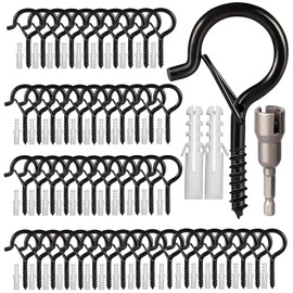 Hooks for Outdoor String Lights, 52 Pack Screw Hooks for Hanging Plants Led Party Lights Garage Wind Chimes, Black Heavy Duty Q Hanger Ceiling with Safety Buckle, Box and Wing Nut Driver