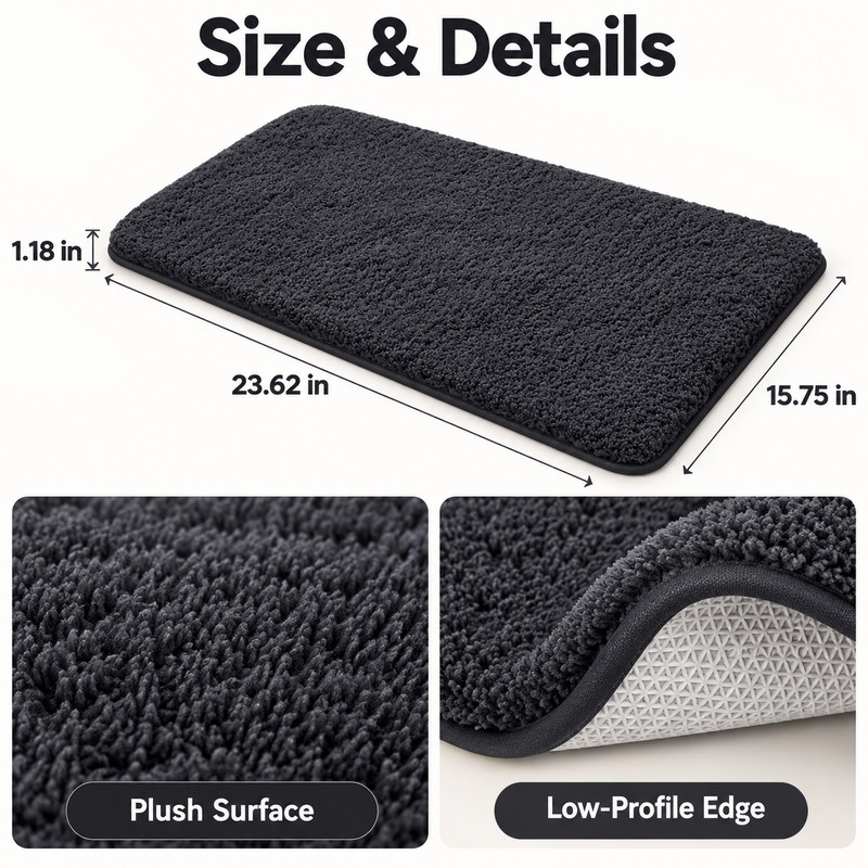 Long-Hair Furry Bathroom Mat, Absorbent Plush Shower Floor Rug, Soft