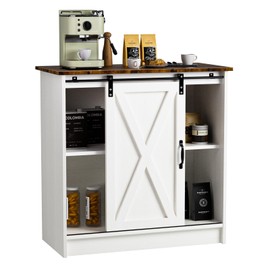 White Coffee Bar Cabinet Station with Storage Shelves & Sliding Barn Door, 31.98" Freestanding Kitchen Pantry Storage Cabinet, Wood Buffet Storage Cabinet, Small Coffee Cabinet for Home Foyer Hallway
