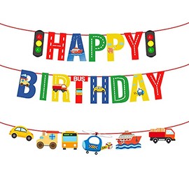 Happium Transportation Happy Birthday Banners Car Bus Train Plane Ship Helicopter Traffic Light Photo Props Garland for Kids Birthday Party Baby Shower Decoration Supplies