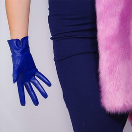 DooWay Women Real Leather Gloves Blue Imported Goatskin Leather Wrist Short Vintage Classic Warm Driving Gloves