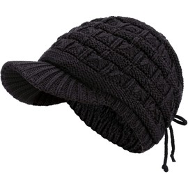 Winter Warm Fashion Knit Adjustable Warm Chenille Lined Winter Knit Visor Beanie Cap with Brim(Black)