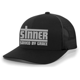 Trenz Shirt Company Mens Christian Hat Sinner Saved by Grace Embroidered Trucker Hat, Black/Black