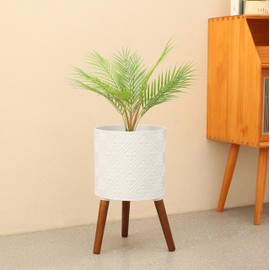 nacltlo 10 inch Indoor Plant Pot with Medieval Pattern, Figuline Planter for Indoor Plant with Wooden Legs, Outdoor,White