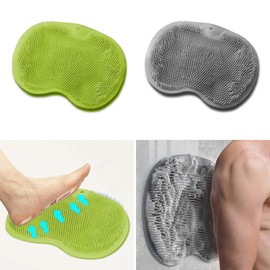 2 PCS Shower Foot & Back Scrubber Mat Hands Free Foot Massager Mat with Non-Slip Suction Cups, Wall Mounted Silicone Bathroom Wash Foot Pad Exfoliating Dead Skin Foot Brush (Grey & Green)