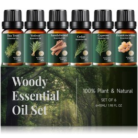 Woody Essential Oils Set, Pure Sandalwood Cedarwood Tea Tree Cypress Frankincense Vetiver – Natural Aromatherapy for Diffuser, Meditation, Candle & Soap Making – 6x10ml