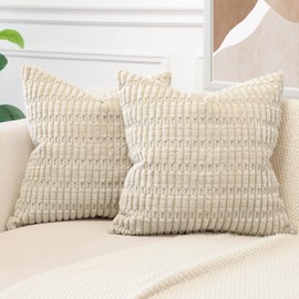 JOTOM Pack of 2 Corduroy Soft Striped Cushion Covers 40x40 cm 16x16 Inch Boho Decorative Throw Pillow Covers Square Cushion Case Home Decor Pillow Cases for Couch Sofa Living Room Bed (Beige)