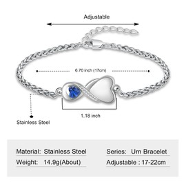 shajwo Cremation Jewelry Infinity Heart Urn Bracelet for Human Ashes for Women Adjustable Memorial Keepsake Link Bracelet,Light Blue